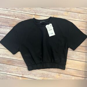 Zara Crop Short Sleeve Fleece Sweatshirt Top Black Medium